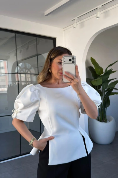 EKRU FİYONK DETAYLI BALON KOL BLUZ