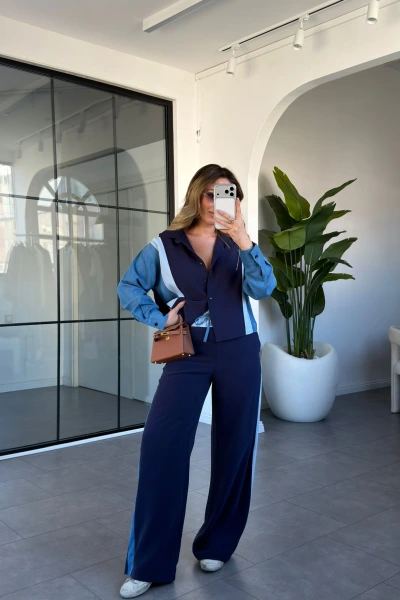 MAVİ JEAN DETAYLI TENCEL PREMİUM TAKIM