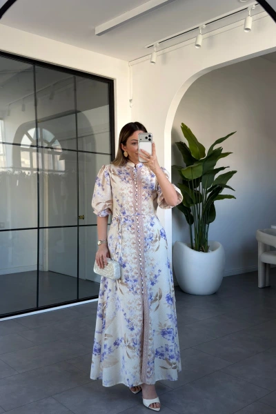 ÇİÇEK DESEN PREMİUM KUMAŞ DÜĞMELİ ELBİSE 0840