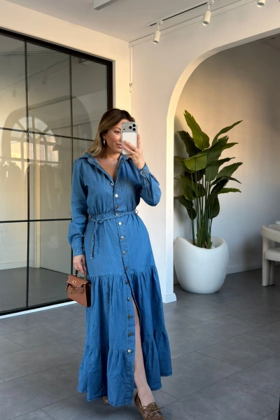 TENCEL DENİM ÖRGÜ KEMERLİ ELBİSE 7572