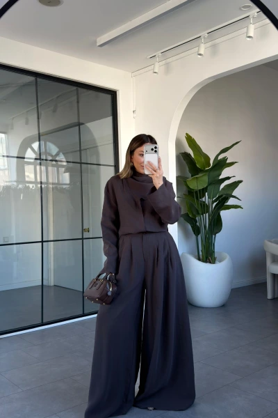 KAHVE ŞAL YAKA GÖMLEK PANTOLON TAKIM 0679