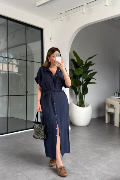 LACİVERT ZR DÜĞMELİ ELBİSE