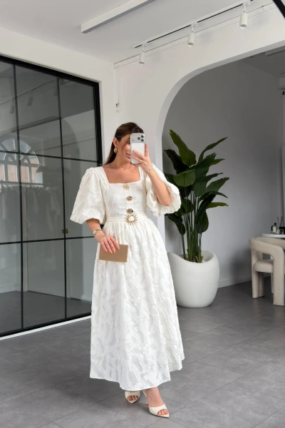 GOLD DÜNEŞ DÜĞMELİ BALON KOL ELBİSE 9559