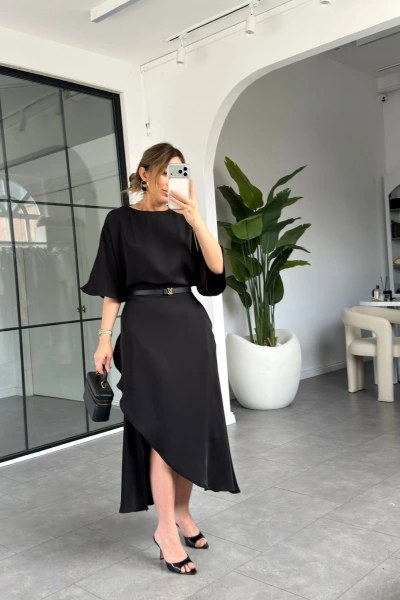 SİYAH YARASA KOL MAXİ ELBİSE