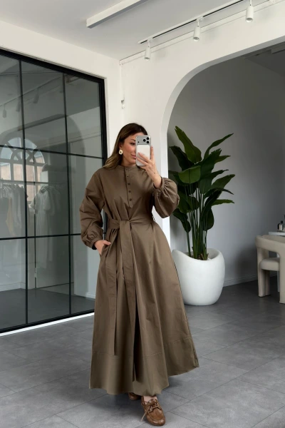 KOYU HAKİ KUŞAKLI UZUN ELBİSE 2349