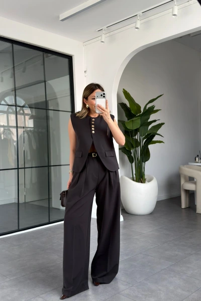 KAHVE KEMERLİ YELEK PANTOLON TAKIM 9716