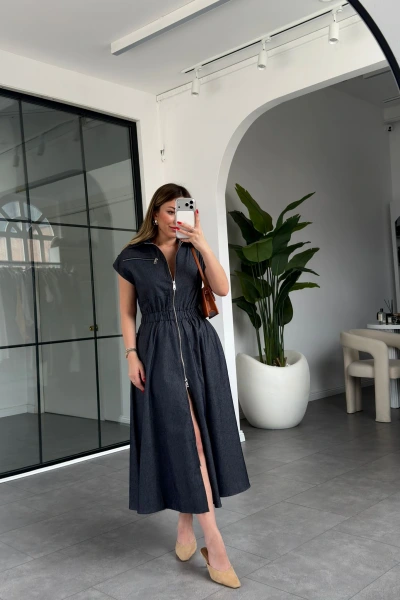 JEAN BELİ LASTİKLİ SIFIR KOL ÇİFT FERMUARLI ELBİSE