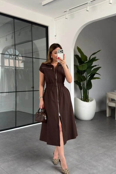 KAHVE BELİ LASTİKLİ SIFIR KOL ÇİFT FERMUARLI ELBİSE