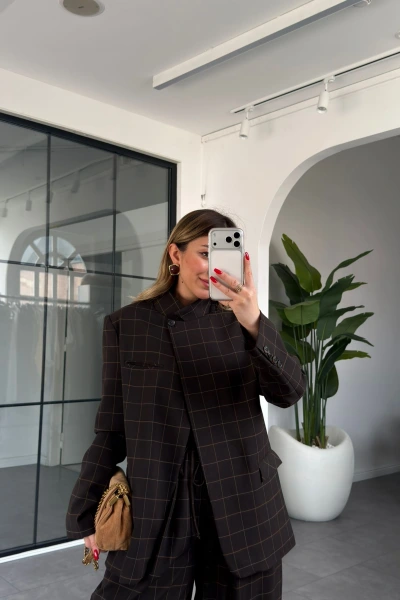 KAHVE DİK YAKALI EKOSE DESENLİ CEKET 9731