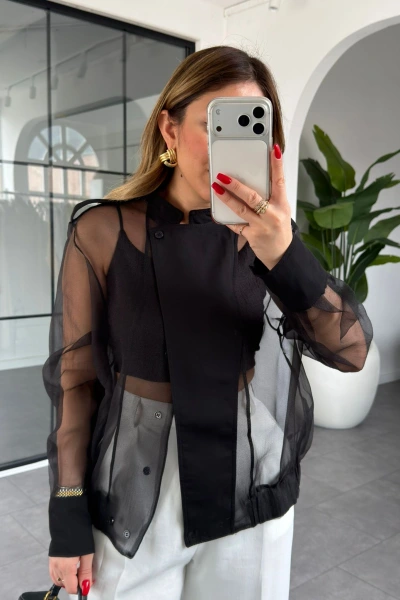 SİYAH ORGANZE BOMBER CEKET