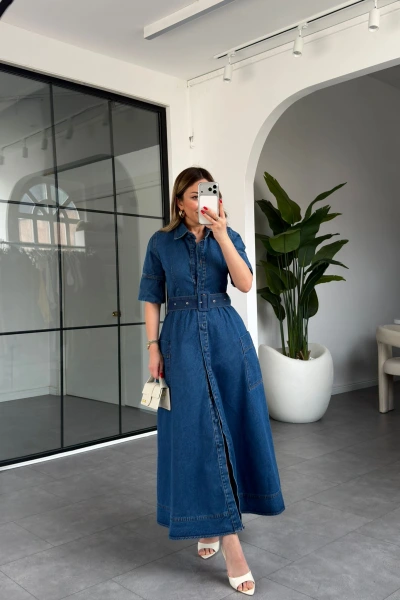 YANLARI CEPLİ KOT ELBİSE 8846