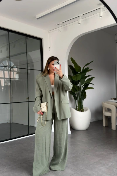 ÇAĞLA YEŞİLİ DOKULU TENSEL OVERSİZE CEKET TAKIM 95490