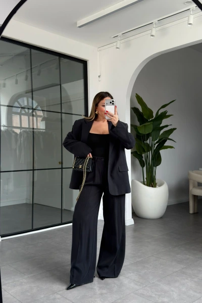 SİYAH DOKULU TENSEL OVERSİZE CEKET TAKIM 95490