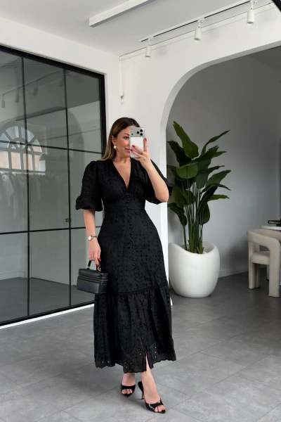 SİYAH V YAKA BALON KOL FİSTO ELBİSE