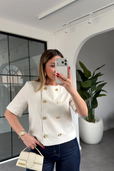 EKRU GOLD DÜĞMELİ KRUVAZE KETEN CEKET 2094