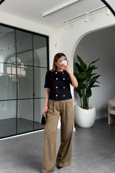 SİYAH GOLD DÜĞMELİ KRUVAZE KETEN CEKET 2094