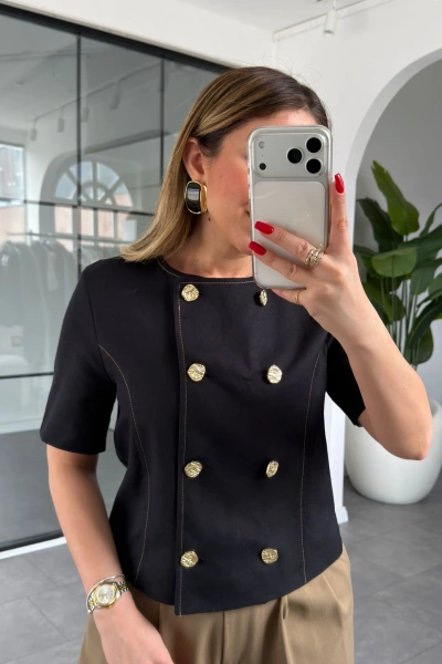 SİYAH GOLD DÜĞMELİ KRUVAZE KETEN CEKET 2094