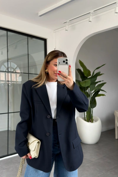 LACİVERT ÇİFT CEPLİ KRUVAZE YAKA CEKET