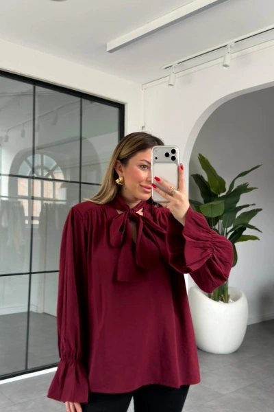 BORDO YAKASI BAĞLAMALI VATKALI BLUZ 1016