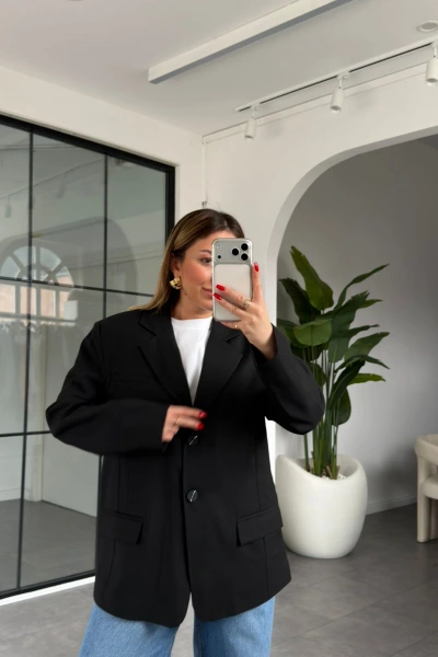 SİYAH ÇİFT CEPLİ KRUVAZE YAKA CEKET