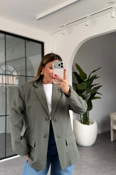 HAKİ ÇİFT CEPLİ KRUVAZE YAKA CEKET