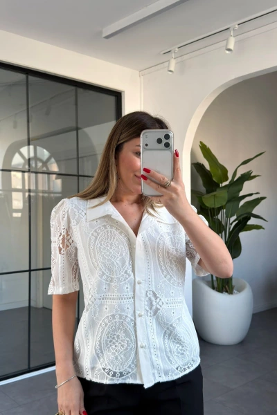 EKRU DANTEL KISA KOL GÖMLEK 29612