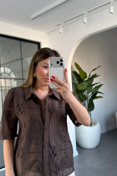 KAHVE DANTEL KISA KOL GÖMLEK 29612