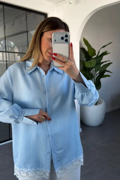 ÇİZGİLİ DANTEL DETAYLI GÖMLEK 1005