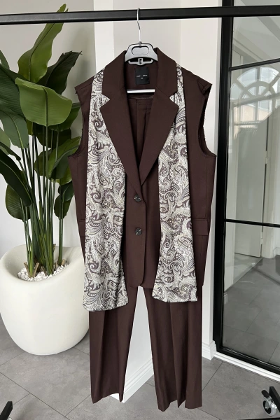 KAHVE ŞALLI YELEK PANTALON TAKIM 9718
