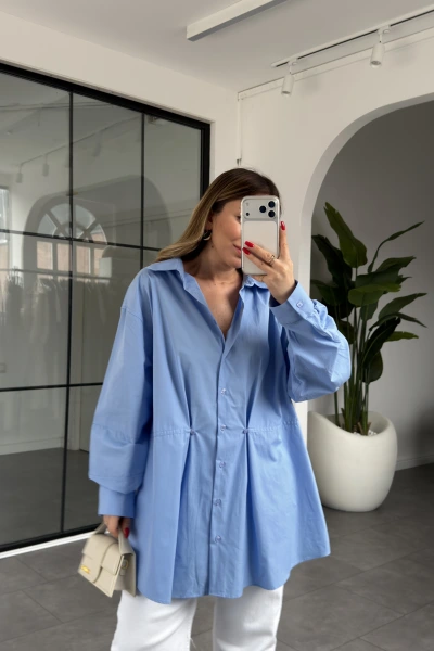 MAVİ DÜĞME VE DİKİŞ DETAYLI POPLİN GÖMLEK 5006