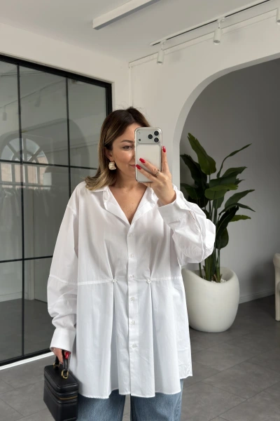 BEYAZ DÜĞME VE DİKİŞ DETAYLI POPLİN GÖMLEK 5006