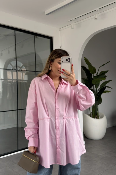 PEMBE DÜĞME VE DİKİŞ DETAYLI POPLİN GÖMLEK 5006