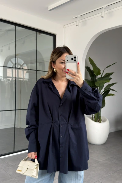 LACİVERT DÜĞME VE DİKİŞ DETAYLI POPLİN GÖMLEK 5006