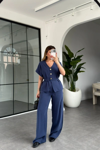 LACİVERT V YAKA DÜĞMELİ MODAL TAKIM 9521