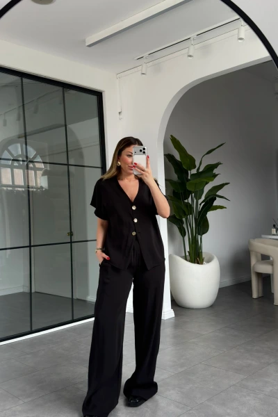 SİYAH V YAKA DÜĞMELİ MODAL TAKIM 9521