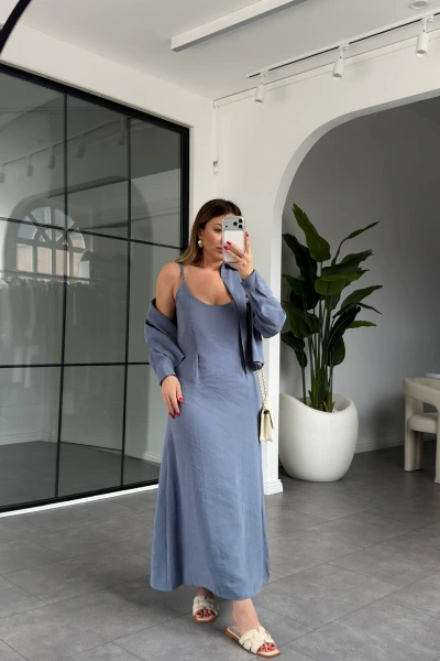 GRİ-MAVİ GÖMLEK ELBİSE İKİLİ TAKIM