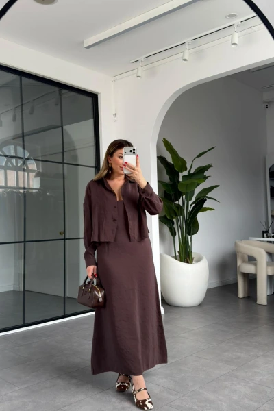 ACI KAHVE GÖMLEK ELBİSE İKİLİ TAKIM