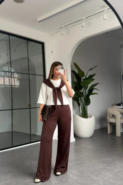 KAHVE FULAR DETAYLI MODAL EŞOFMAN TAKIMI