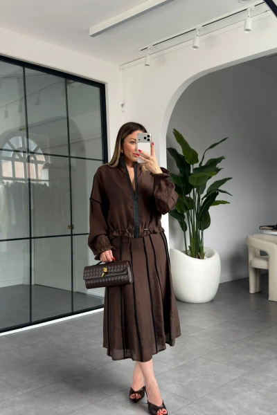 KAHVE TENCEL ŞERİTLİ ETEKLİ TAKIM