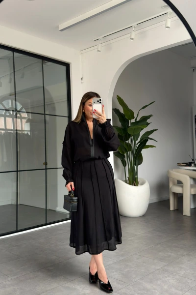 SİYAH TENCEL ŞERİTLİ ETEKLİ TAKIM