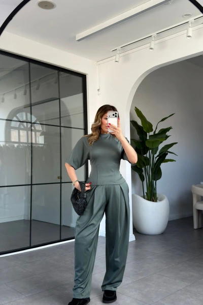 HAKİ DİAGONEL KUMAŞ BEL OTURTMALI PİLELİ TAKIM 230