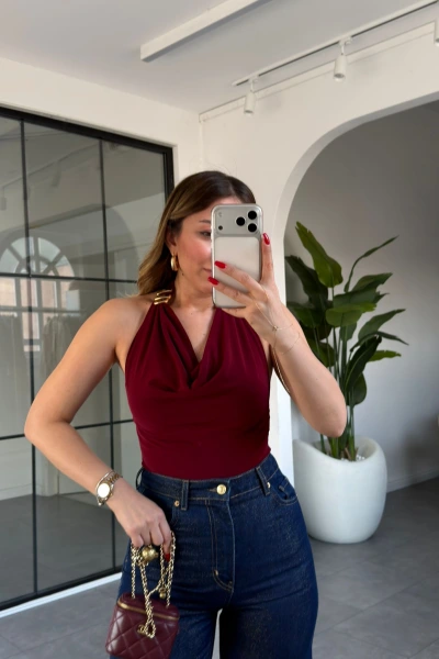 BORDO SIFIR KOL BOYUNDAN GEÇMELİ BLUZ 12247