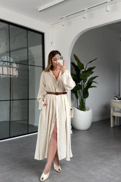 TAŞ KEMERLİ PREMİUM KALİTE MODAL GÖMLEK ELBİSE 3270