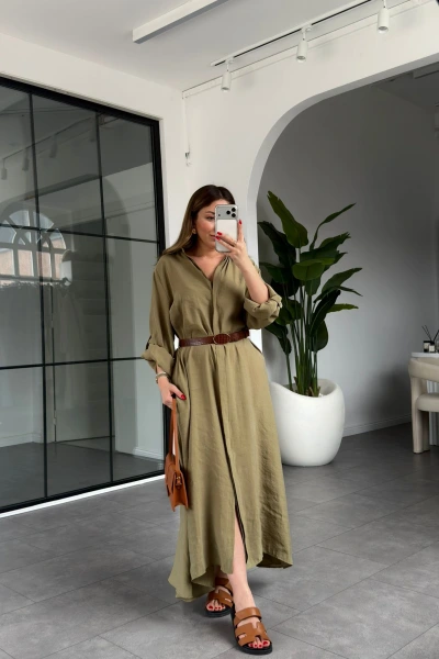 HAKİ KEMERLİ PREMİUM KALİTE MODAL GÖMLEK ELBİSE 3270