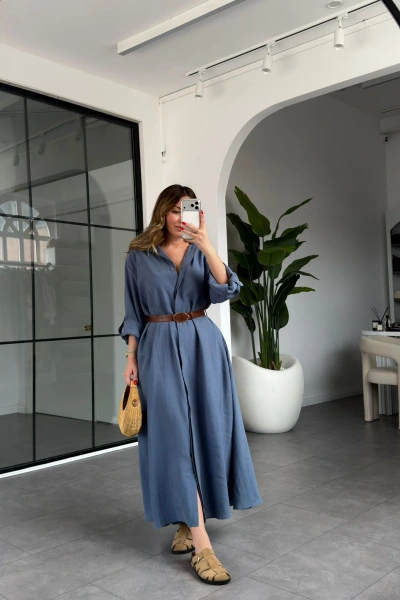 İNDİGO KEMERLİ PREMİUM KALİTE MODAL GÖMLEK ELBİSE 3270