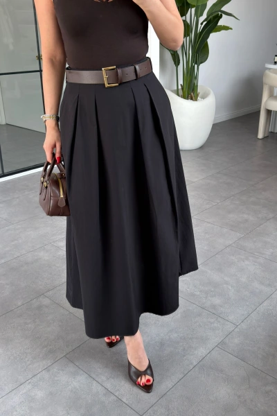 SİYAH KEMERLİ PİLE DETAYLI ETEK 261038
