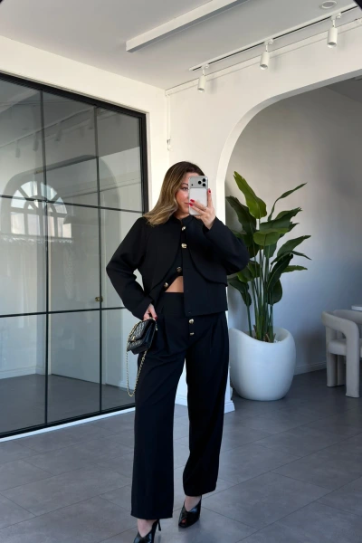 SİYAH GOLD DÜĞMELİ KAPAMALI CEKET PANTOLON TAKIM 7157