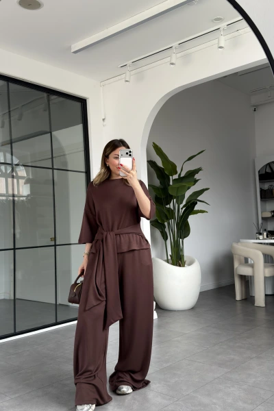 KAHVE KEMERLİ CROP TAKIM 4114