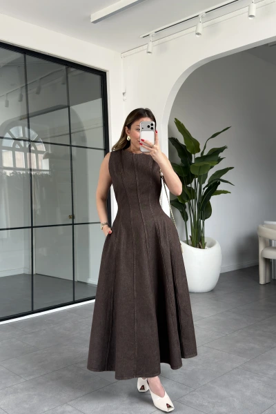KAHVE KOT GODELİ ELBİSE 9672