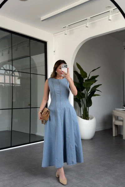 MAVİ KOT GODELİ ELBİSE 9672